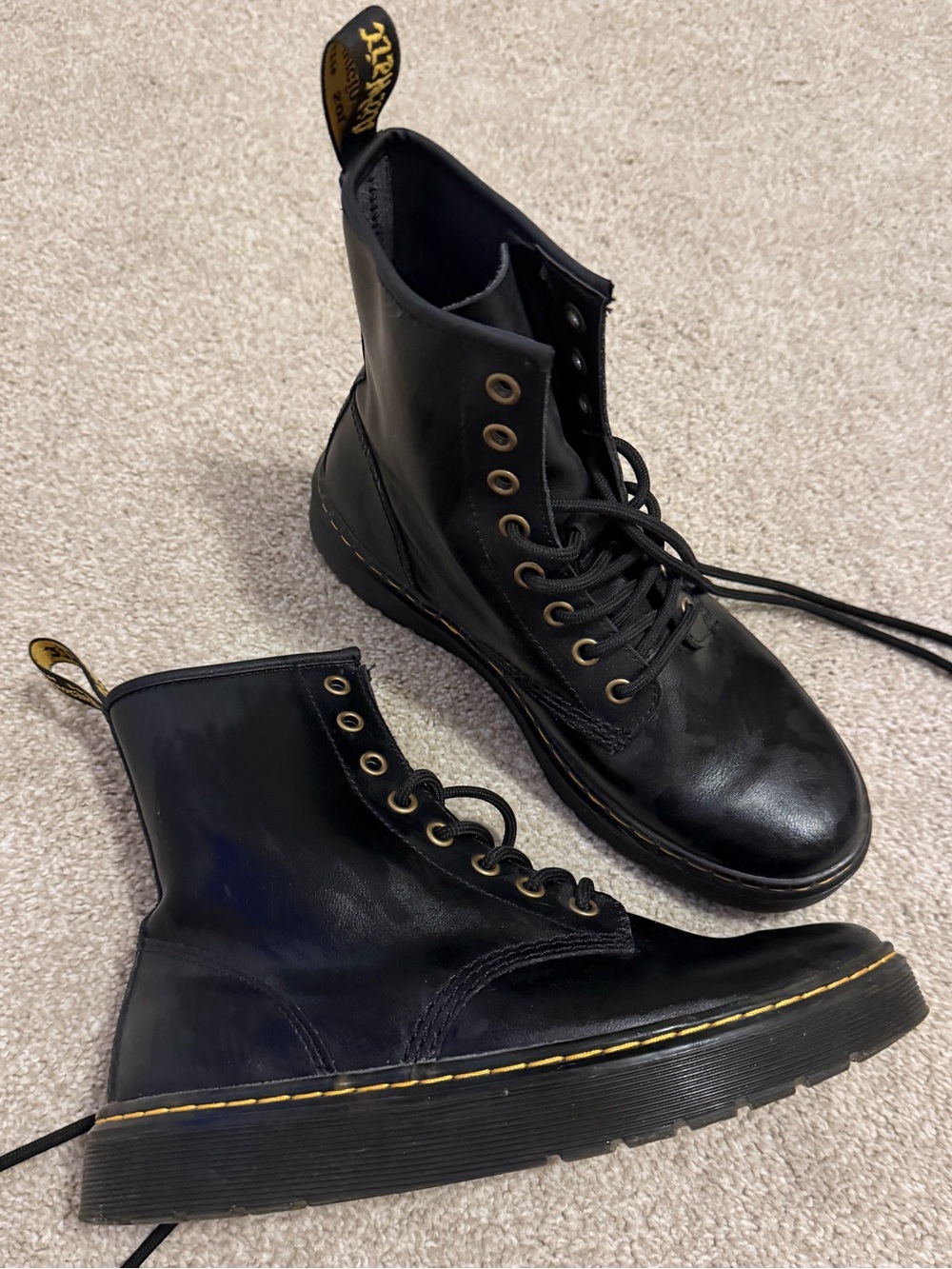 Dr. Martens Black Leather 8-Eye Combat Boots with Yellow Stitching